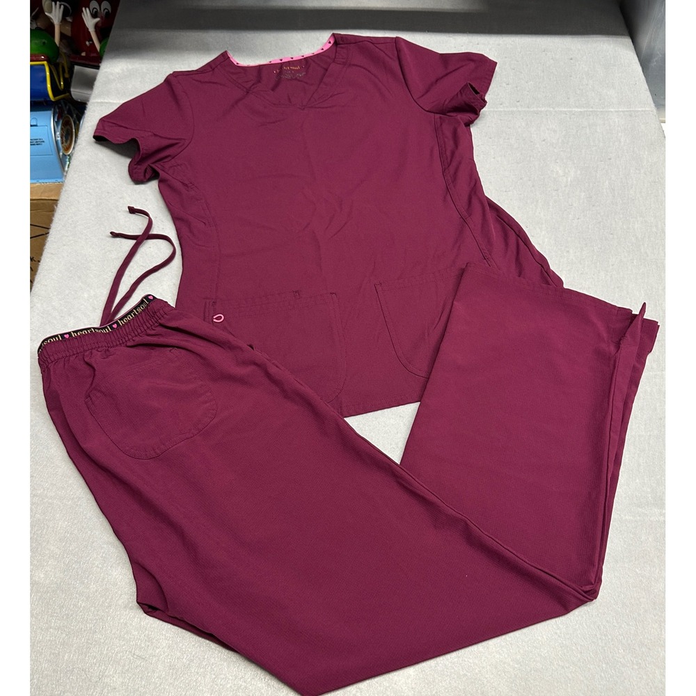 HeartSoul Womens Scrub Set Wine Burgundy V-Neck Top and Pants Medium 20710